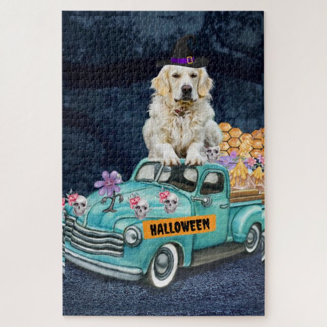 Golden Retriever Dog Halloween Truck Scary Night  Jigsaw Puzzle (Vertical)