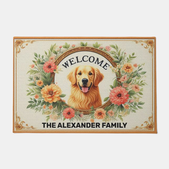 Golden Retriever Dog Home Sweet, Floral Welcome Doormat (Front)