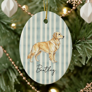 Golden Retriever Dog Illustration Stripe Christmas Ceramic Tree Decoration