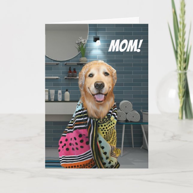 Golden Retriever Dog in Bathroom Mother's Day Card (Front)