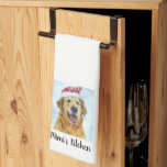Golden Retriever Dog in Santa Hat, Custom Text Tea Towel<br><div class="desc">Super cute kitchen towel featuring a watercolor rendering of a Golden Retriever dog wearing a Santa hat.  Add your custom text to personalise. Makes the perfect holiday gift for golden owners,  dog moms and dads,  chefs,  bakers and more.</div>