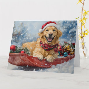 Golden Retriever Dog in Sledge Snow Christmas Card