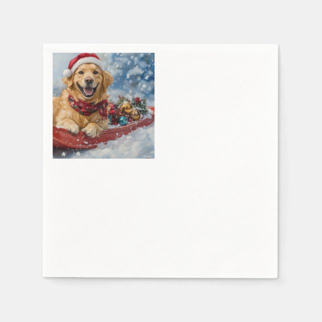 Golden Retriever Dog in Sledge Snow Christmas Napkin (Front)