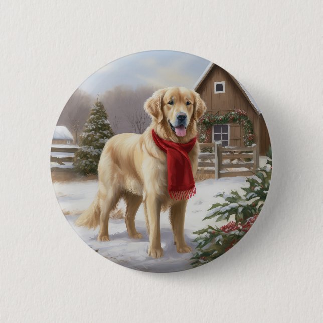 Golden Retriever Dog in Snow Christmas  6 Cm Round Badge (Front)