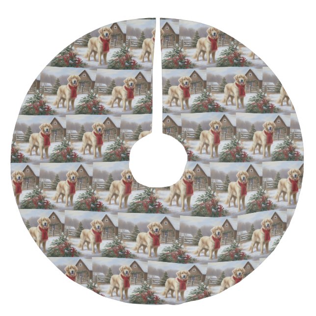 Golden Retriever Dog in Snow Christmas  Brushed Polyester Tree Skirt (Front)