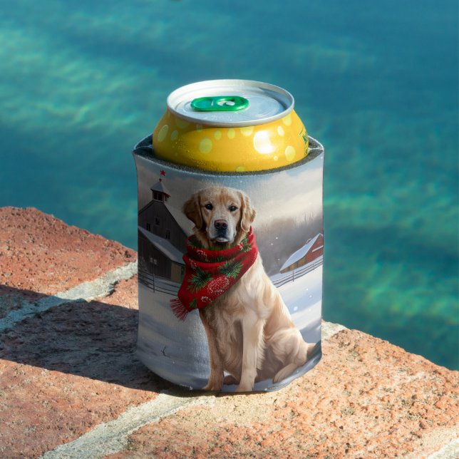 Golden Retriever Dog in Snow Christmas Can Cooler (In Situ Pool)