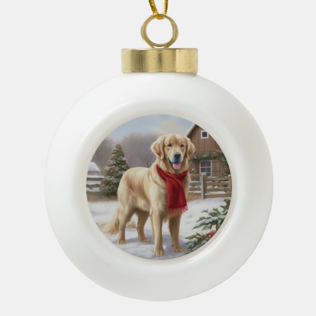 Golden Retriever Dog in Snow Christmas  Ceramic Ball Christmas Ornament (Front)