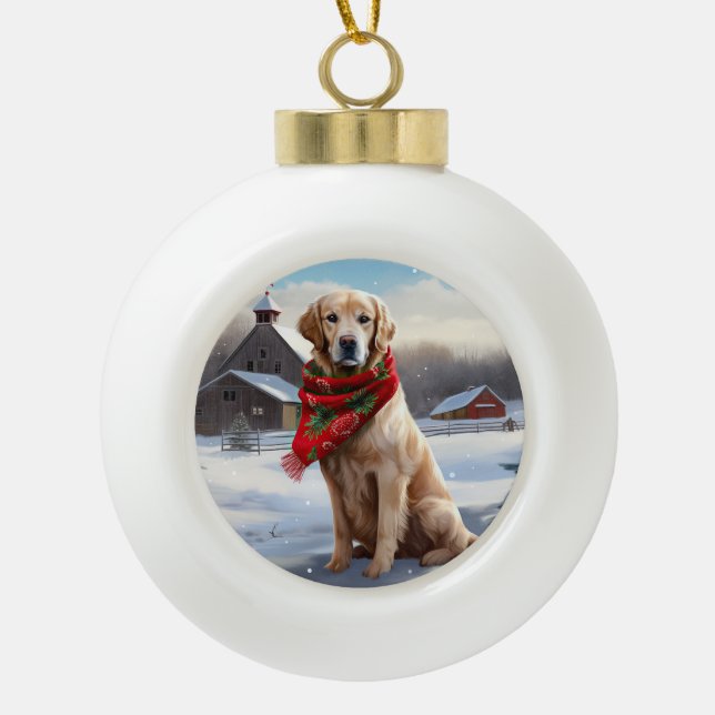 Golden Retriever Dog in Snow Christmas Ceramic Ball Christmas Ornament (Front)