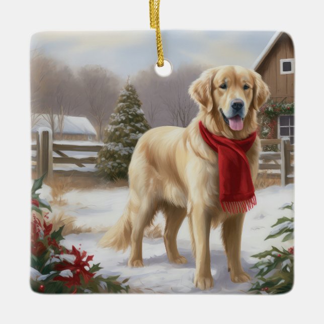 Golden Retriever Dog in Snow Christmas  Ceramic Ornament (Front)