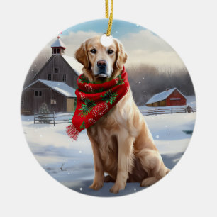 Golden Retriever Dog in Snow Christmas Ceramic Tree Decoration
