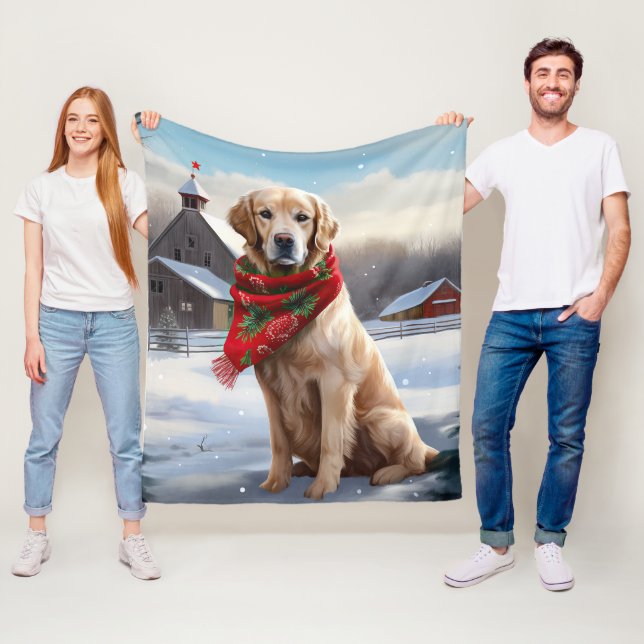 Golden Retriever Dog in Snow Christmas Fleece Blanket (In Situ)