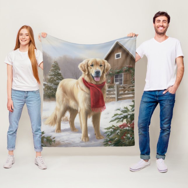 Golden Retriever Dog in Snow Christmas  Fleece Blanket (In Situ)