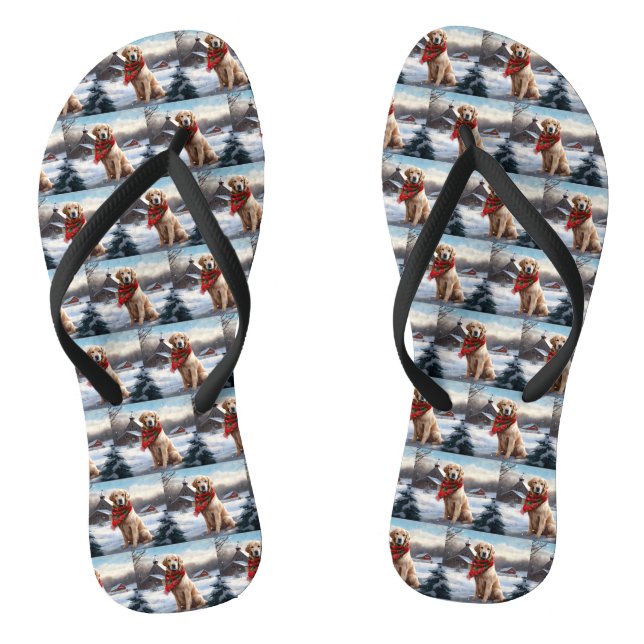 Golden Retriever Dog in Snow Christmas Flip Flops (Footbed)