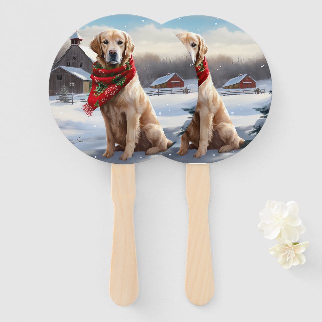 Golden Retriever Dog in Snow Christmas Hand Fan (Front and Back)