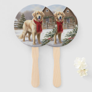 Golden Retriever Dog in Snow Christmas  Hand Fan