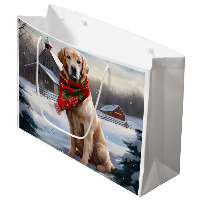 Golden Retriever Dog in Snow Christmas Large Gift Bag (Front Angled)