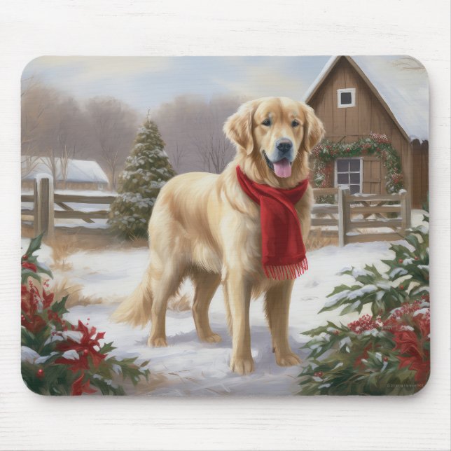 Golden Retriever Dog in Snow Christmas  Mouse Mat (Front)