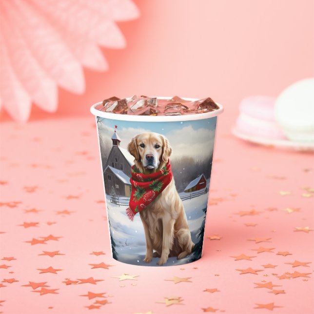 Golden Retriever Dog in Snow Christmas Paper Cups (Insitu)