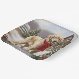 Golden Retriever Dog in Snow Christmas Paper Plate