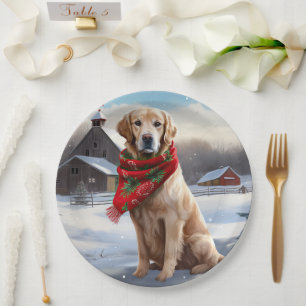 Golden Retriever Dog in Snow Christmas Paper Plate
