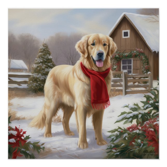 Golden Retriever Dog in Snow Christmas  Poster (Front)