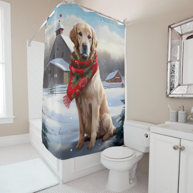 Golden Retriever Dog in Snow Christmas Shower Curtain (In Situ)