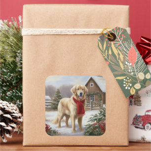 Golden Retriever Dog in Snow Christmas Square Sticker