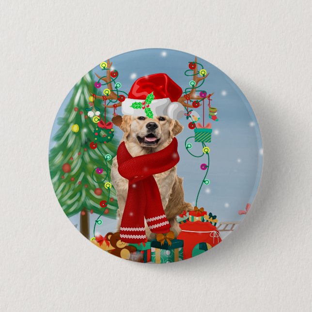 Golden Retriever Dog in Snow with Christmas Gifts 6 Cm Round Badge (Front)