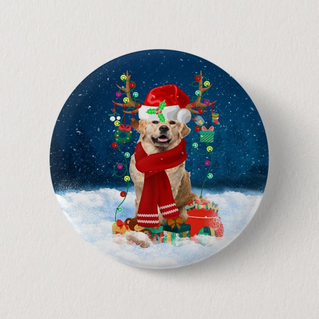 Golden Retriever Dog in Snow with Christmas Gifts  6 Cm Round Badge (Front)