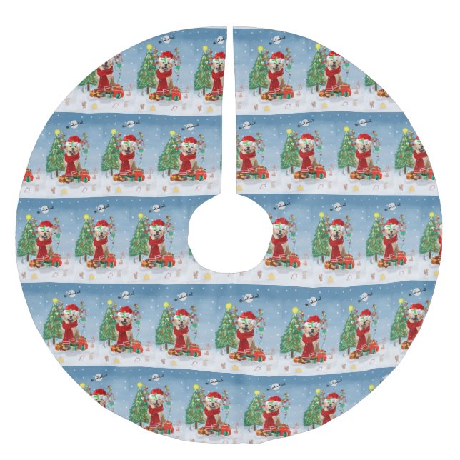 Golden Retriever Dog in Snow with Christmas Gifts  Brushed Polyester Tree Skirt (Front)