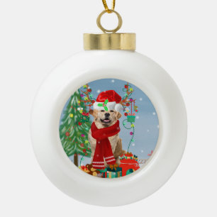 Golden Retriever Dog in Snow with Christmas Gifts Ceramic Ball Christmas Ornament