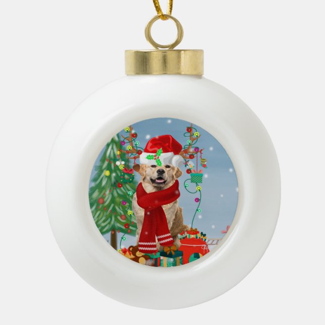 Golden Retriever Dog in Snow with Christmas Gifts  Ceramic Ball Christmas Ornament (Front)