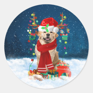 Golden Retriever Dog in Snow with Christmas Gifts Classic Round Sticker