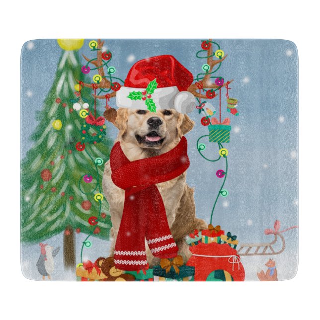 Golden Retriever Dog in Snow with Christmas Gifts  Cutting Board (Front)