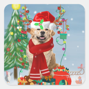 Golden Retriever Dog in Snow with Christmas Gifts Square Sticker