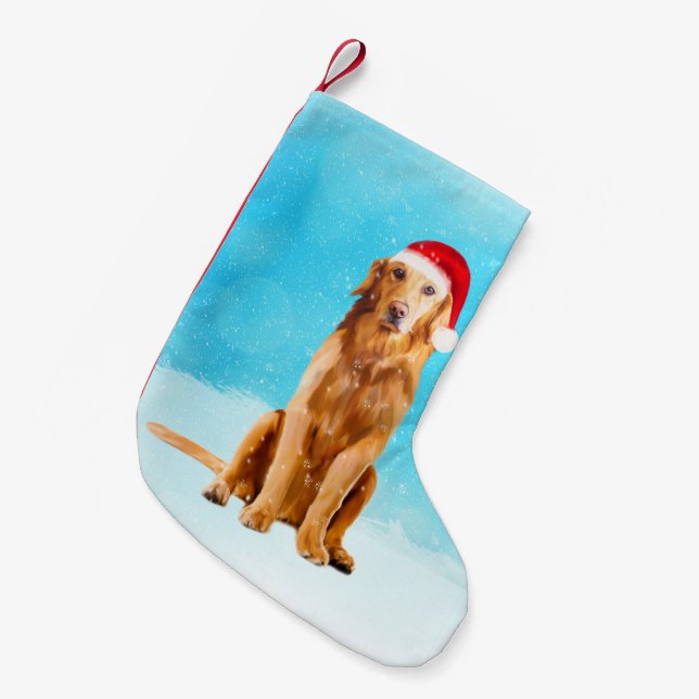 Golden Retriever Dog In Snow with Christmas Hat Small Christmas Stocking (Front (Hanging))