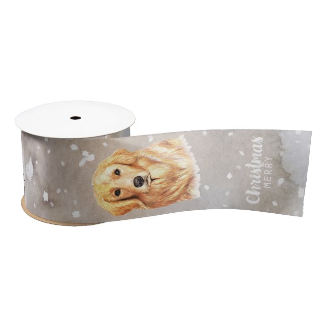 Golden retriever dog in snowfall farmhouse style satin ribbon (Spool)