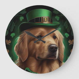 Golden Retriever Dog in St. Patrick's Day Large Clock