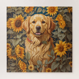 Golden Retriever Dog In Sunflower Field  Jigsaw Puzzle