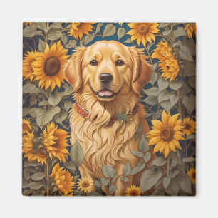 Golden Retriever Dog In Sunflower Field  Magnet