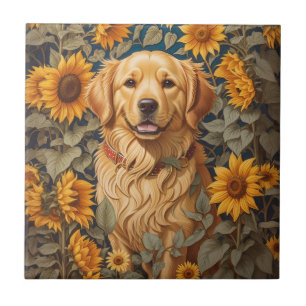 Golden Retriever Dog In Sunflower Field  Tile