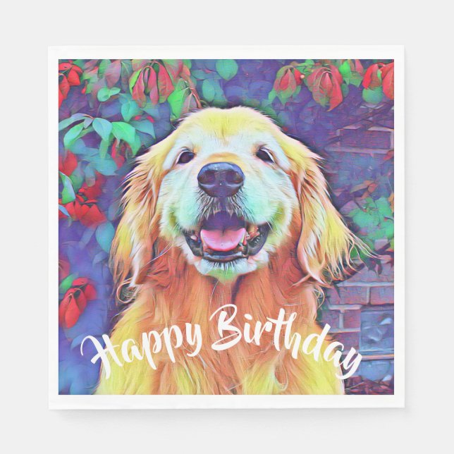 Golden Retriever Dog in Vibrant Colours Birthday Napkin (Front)