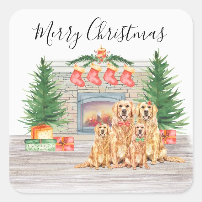 Golden Retriever Dog Lover Merry Christmas Square Sticker (Front)