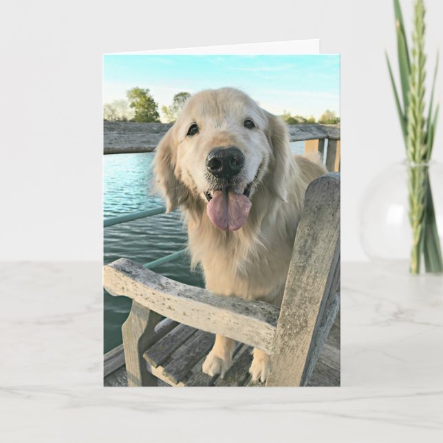 Golden Retriever Dog on a Dock Thinking of You Card (Front)