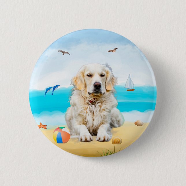 Golden Retriever Dog on Beach 6 Cm Round Badge (Front)