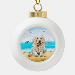 golden retriever Dog on Beach  Ceramic Ball Christmas Ornament