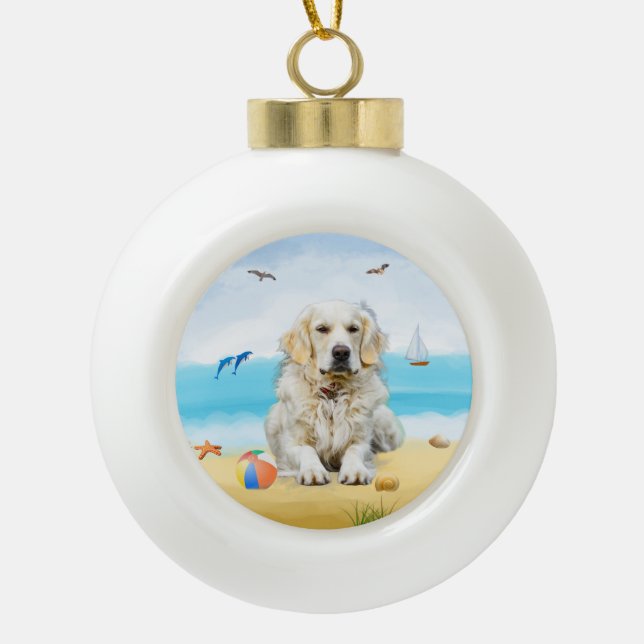 golden retriever Dog on Beach  Ceramic Ball Christmas Ornament (Front)