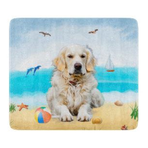 Golden Retriever Dog on Beach Cutting Board