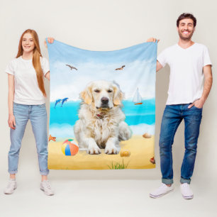 Golden Retriever Dog on Beach Fleece Blanket