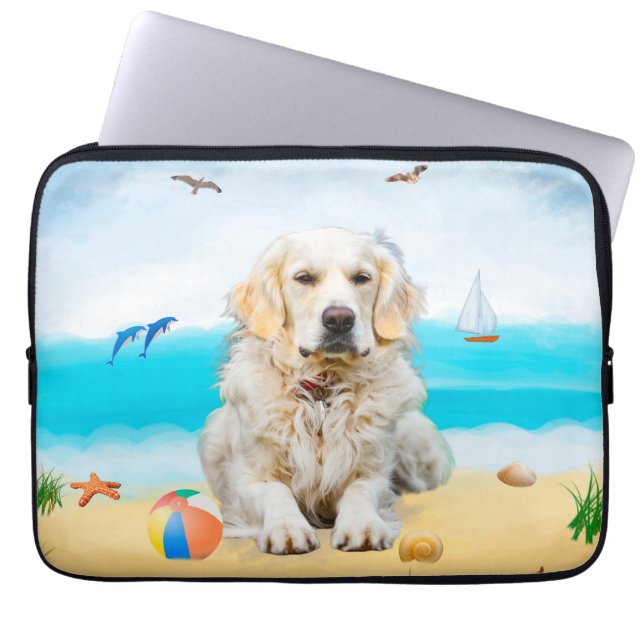 Golden Retriever Dog on Beach Laptop Sleeve (Front)